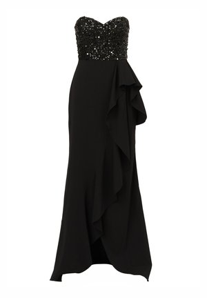 Zwarte avondjurk met een strapless, versierde corsage, vloeiende stof en gerimpelde details aan één zijde. Lange, getailleerde silhouet.