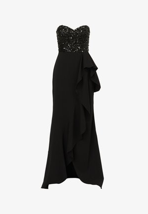 Zwarte avondjurk met een strapless, versierde corsage, vloeiende stof en gerimpelde details aan één zijde. Lange, getailleerde silhouet.