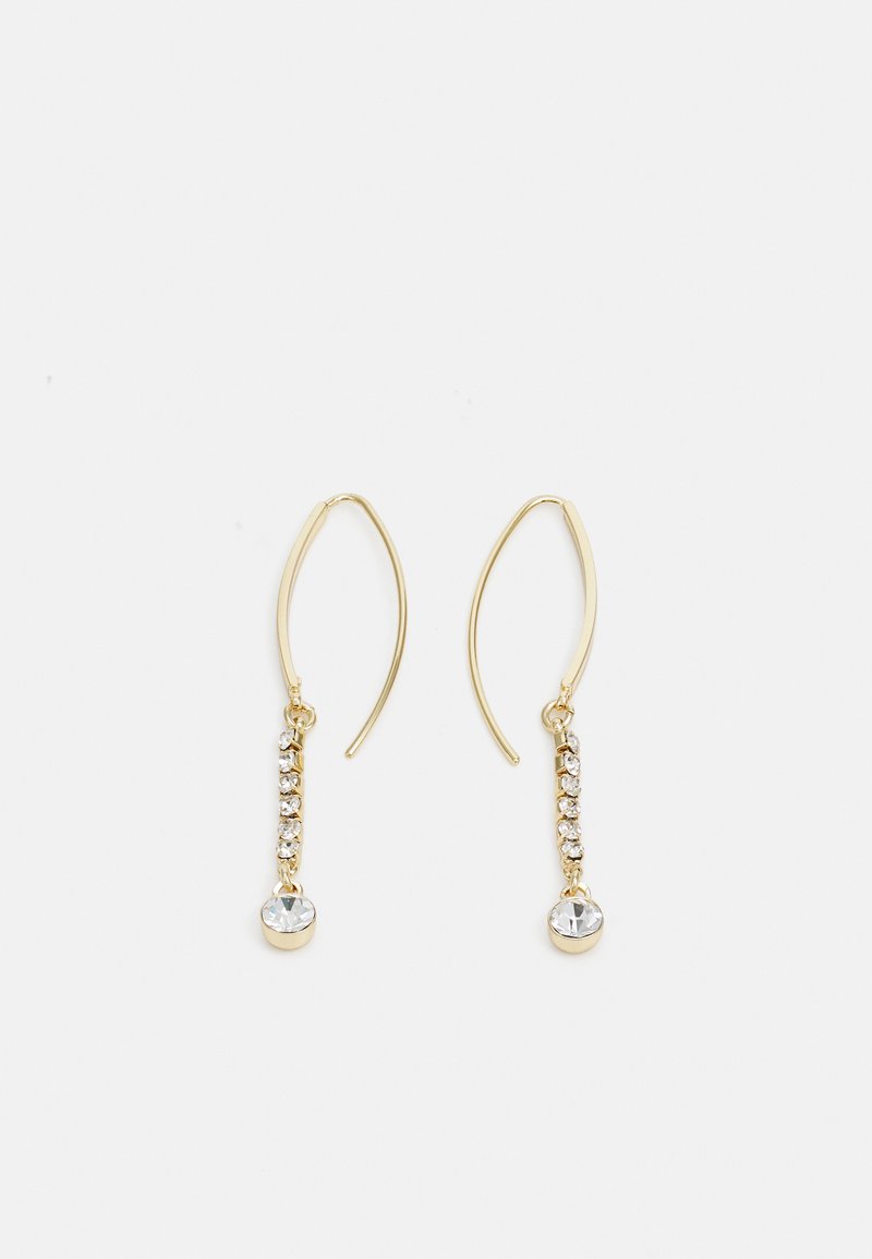 Gullfargede øredobber med buet krokdesign, som har en rad med klare rhinestones og en større rund krystall nederst.