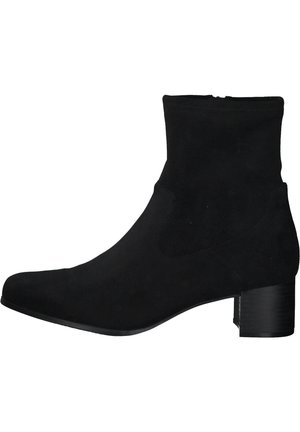 Black ankle boot made of suede with a low block heel, featuring a smooth finish and elastic side panels for easy wear.