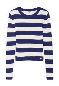 Blau-weißer gestreifter Langarmpullover, gerippte Textur, Rundhalsausschnitt, enganliegendes Design, mit einem kleinen Markenakzent in der Nähe des Saums.