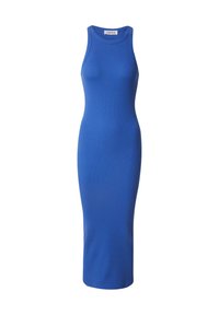 Blaue, ärmellose, gerippte Midikleid mit Rundhalsausschnitt. Enganliegende Form, glatte Textur und keine sichtbaren Muster oder Beschläge.