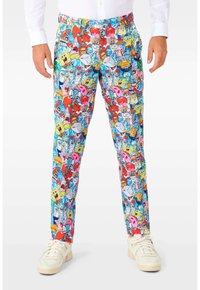 Colorful pants featuring a variety of cartoon characters in bright hues on a light blue background; made from lightweight fabric, tapered fit.