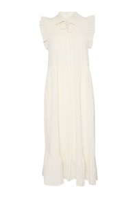 Robe midi blanche sans manches avec un motif texturé, des accents de volants aux épaules et un lien au cou. Ourlet évasé en bas.