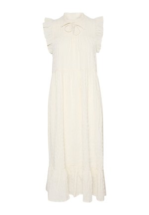 Valkoinen, hihaton midi-mekko, jossa on teksturoitu kuvio, ryhdikkäät olkaimet ja solmimisnauha kaulassa. Alareunassa liehuva helma.