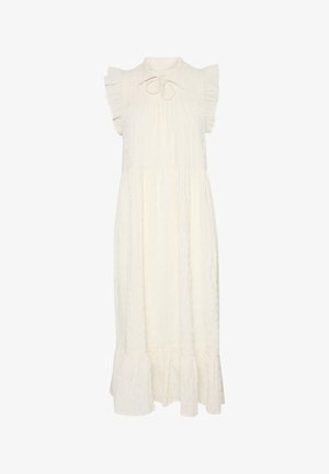 Fehér, ujjatlan midi ruha texturált mintával, fodros vállrész díszítéssel és nyakba köthető részlettel. Különleges, bővülő aljával.