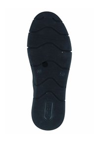 Semelle de chaussure en caoutchouc noir avec une surface texturée, présentant des rainures profondes et des motifs en zigzag pour une bonne adhérence, portant le nom de marque "Remonte."
