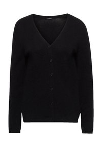 Schwarze Strickjacke aus weichem Strickmaterial, mit V-Ausschnitt, langen Ärmeln und sechs vorderen Knöpfen. Einfaches Design ohne Muster.