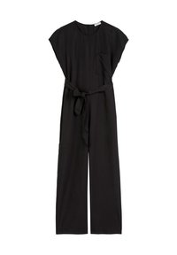 Zwarte jumpsuit van lichtgewicht stof, met korte mouwen, een voorkantzak, een ceintuur in de taille en wijde pijpen.