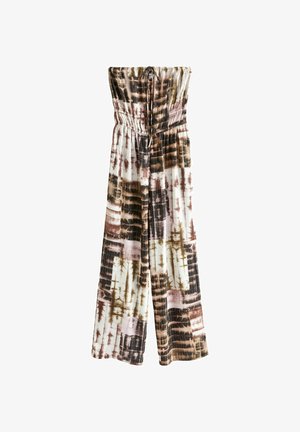 Combinaison sans bretelles avec un corsage smocké, présentant un motif abstrait multicolore en marron, crème et rose. Jambes larges et raccourcies.
