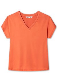 Orange T-Shirt mit kurzen Ärmeln und V-Ausschnitt, mittleres Größenetikett, schlichtes Design und genähter Saum.