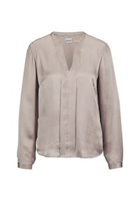 Lichtbeige blouse van satijn met lange mouwen, V-hals en subtiele plooien aan de voorkant. Zachte textuur met een vloeiende uitstraling.