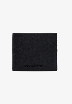 Črn usnjen denarnica z teksturirano površino, ki na sprednji strani nosi vtisnjen logotip Emporio Armani. Tanek, pravokoten dizajn.