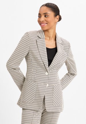 Beige karierter Blazer mit strukturierten Revers, zwei Taschen und einem Knopfverschluss, aus einem strukturierten Stoff in taillierter Passform.