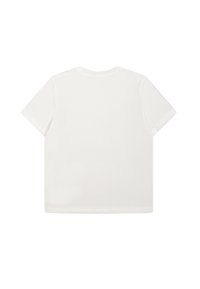 Weiße Baumwoll-T-Shirt mit kurzen Ärmeln, rundem Ausschnitt und einer einfachen, glatten Textur. Keine sichtbaren Muster oder Details auf der Rückseite.