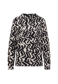 Pullover-Hoodie mit einem schwarz-weißen Zickzackmuster. Verfügt über einen Kordelzug-Halsausschnitt und lange Ärmel aus einem strukturierten Stoff.