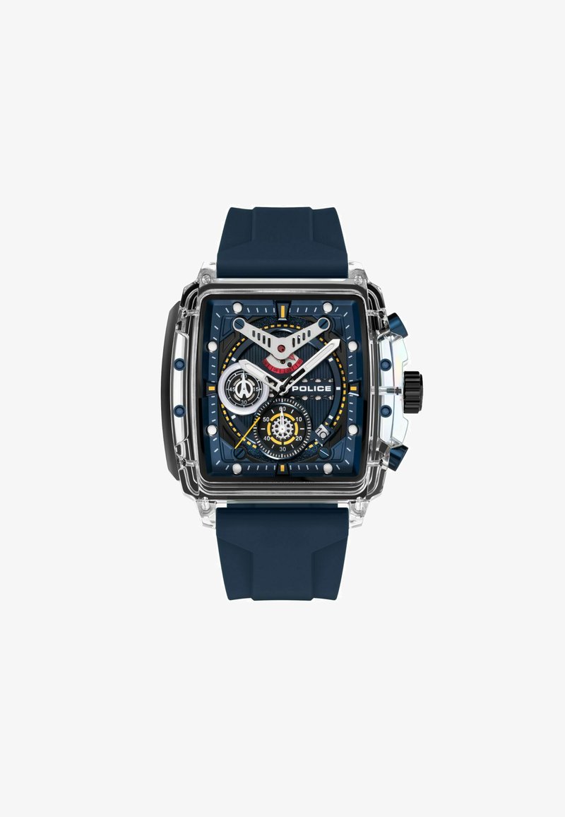 Quadratische Uhr mit transparentem Gehäuse, blauer Zifferblatt, roten und gelben Akzenten sowie einem navyblauen Silikonarmband. Verfügt über mehrere Unterzifferblätter und große Stundenmarkierungen.
