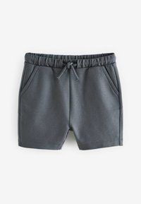 Shorts gris en tissu doux, dotés d'une ceinture élastique avec cordon de serrage, de deux poches latérales et d'un design simple et droit.