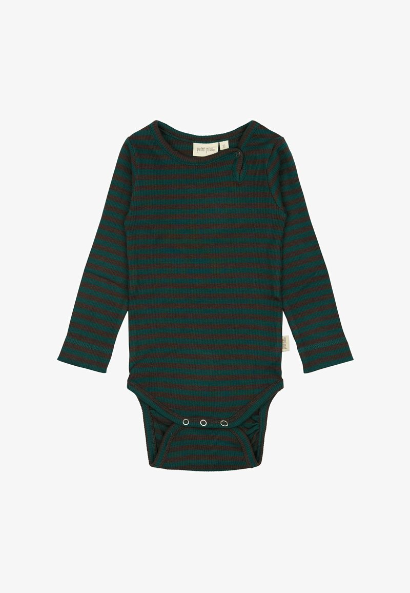 Črtast bodysuit z dolgimi rokavi v temno zeleni in rjavi rebrasti tkanini z gumbi na dnu in gumbom na strani vratu za enostavno oblačenje.