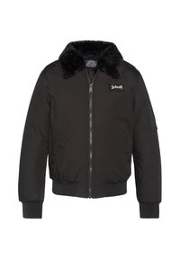 Giacca bomber nera con colletto in pelliccia sintetica. Dotata di cerniera frontale, polsini a costine e una tasca laterale con cerniera. Logo discreto sul petto.