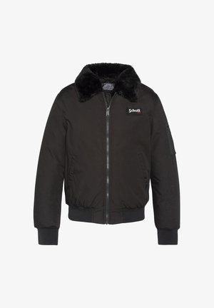 Chaqueta bomber negra con cuello de piel sintética. Cuenta con cremallera frontal, puños acanalados y un bolsillo lateral con cremallera. Logo discreto en el pecho.