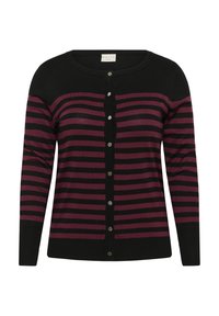 Cardigan noir avec des rayures horizontales bordeaux, col rond et fermeture par boutons. Fabriqué en tissu doux, avec des manches longues et des poignets côtelés.