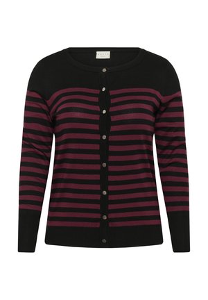 Cardigan noir avec des rayures horizontales bordeaux, col rond et fermeture par boutons. Fabriqué en tissu doux, avec des manches longues et des poignets côtelés.