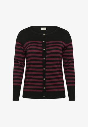 Schwarze Strickjacke mit horizontalen bordeauxrot-gestreiften Mustern, rundem Ausschnitt und Knopfverschluss. Hergestellt aus weichem Stoff mit langen Ärmeln und gerippten Bündchen.