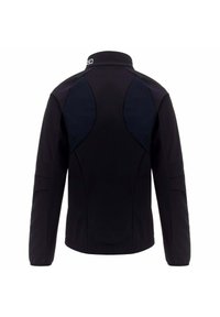 Giacca nera con colletto alto, caratterizzata da pannelli scuri a contrasto su spalle e maniche. Tessuto morbido con un design strutturato.