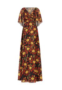 Maxikleid mit schwarzem Grund, das mit lebhaftem roten und gelben Blumenmuster versehen ist; hat schwingende Ärmel und ein gewickeltes Oberteil.