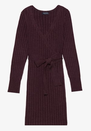 Maroon ribbed knit wrap dress with long sleeves, V-neck, and a matching tie belt at the waist. Soft texture with vertical pattern.