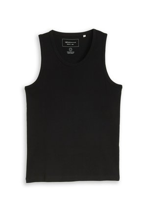 Débardeur noir côtelé sans manches avec encolure ronde, taille grande, étiqueté "Designed for circularity."