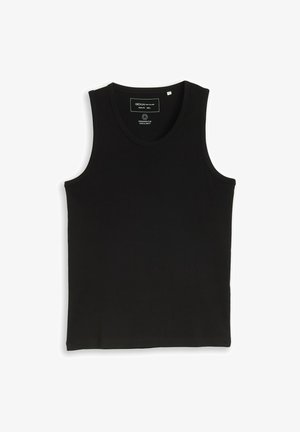 Débardeur noir côtelé sans manches avec encolure ronde, taille grande, étiqueté "Designed for circularity."
