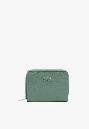Green crocodile-patterned wallet, made of glossy material, featuring a silver zipper and logo on the front. Compact rectangular shape.