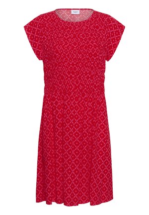 Red short-sleeve dress with round neckline and geometric pattern, gathered at the waist for a fitted look.