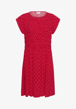 Rode jurk met korte mouwen, ronde hals en geometrisch patroon, getailleerd bij de taille voor een aangesloten pasvorm.