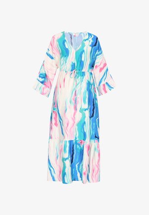 Rochie lungă cu decolteu în formă de V, mâneci 3/4, talie cu cordon și model abstract de marmură în albastru, roz și alb.