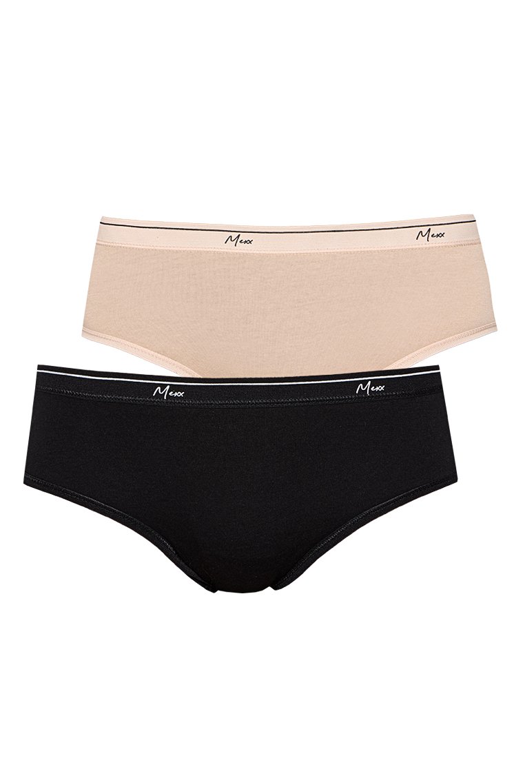 Dwie pary damskiej bielizny: jedna jasno beżowa, druga czarna, obie z gładkiego materiału, średnim stanem i logo na gumce.