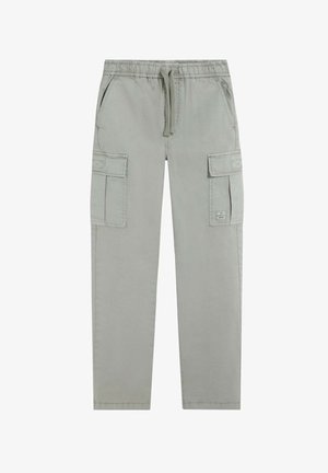 Pantalones cargo de color gris claro con cintura elástica, cordón ajustable, bolsillos laterales y bolsillos con solapa en ambos muslos.