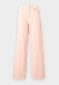 Φαρδιά τζιν παντελόνια σε ανοιχτό ροζ χρώμα, κατασκευασμένα από denim. Διαθέτουν ψηλή μέση, μπροστινές τσέπες και κλείσιμο με κουμπιά. Ομαλή υφή και ελάχιστες ραφές.