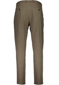 Pantalones de lino verde oliva con corte recto, cuatro bolsillos y dos botones traseros. Textura suave con un sutil tejido.