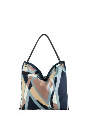 Sac à bandoulière avec un motif géométrique abstrait multicolore dans des nuances de bleu, beige et marron, avec des poignées noires attachées par des anneaux dorés.