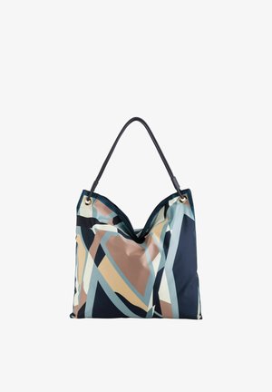 Schultertasche mit abstraktem, mehrfarbigem geometrischem Muster in Blau-, Beige- und Brauntönen, mit schwarzen Griffen, die an goldenen Ringen befestigt sind.