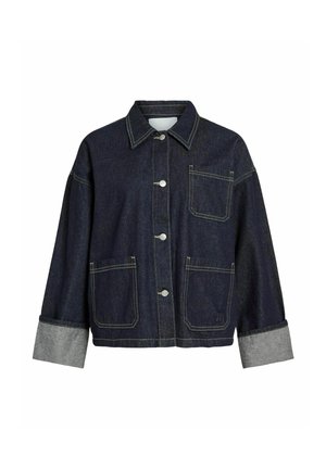 Dunkelblaue Jeansjacke mit Knopfvorderseite, drei sichtbaren Taschen, umgeschlagenen grauen Manschetten und kontrastierenden Nähten.