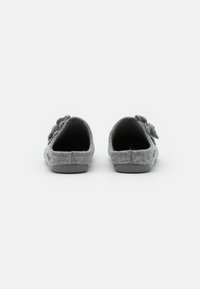 Gray felt slippers with a simple design, featuring a bow accent on the side, rounded shape, and a flat rubber sole.