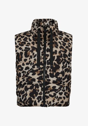 Luipaardprint puffer vest met hoge kraag, zwarte rits en trekkoordaccenten. Gemaakt van zachte, gestructureerde stof in bruin en zwart tinten.