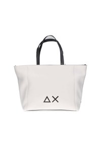 Biała torba na ramię z czarnymi uchwytami i logo, o gładkiej teksturze i prostym wzorze. Wymiary wydają się od średnich do dużych.