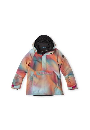 Färgglad tröja med dragkedja och en gradientmönster i pastellnyanser, två framfickor, dragsko i huvan och en logotyp på bröstet.