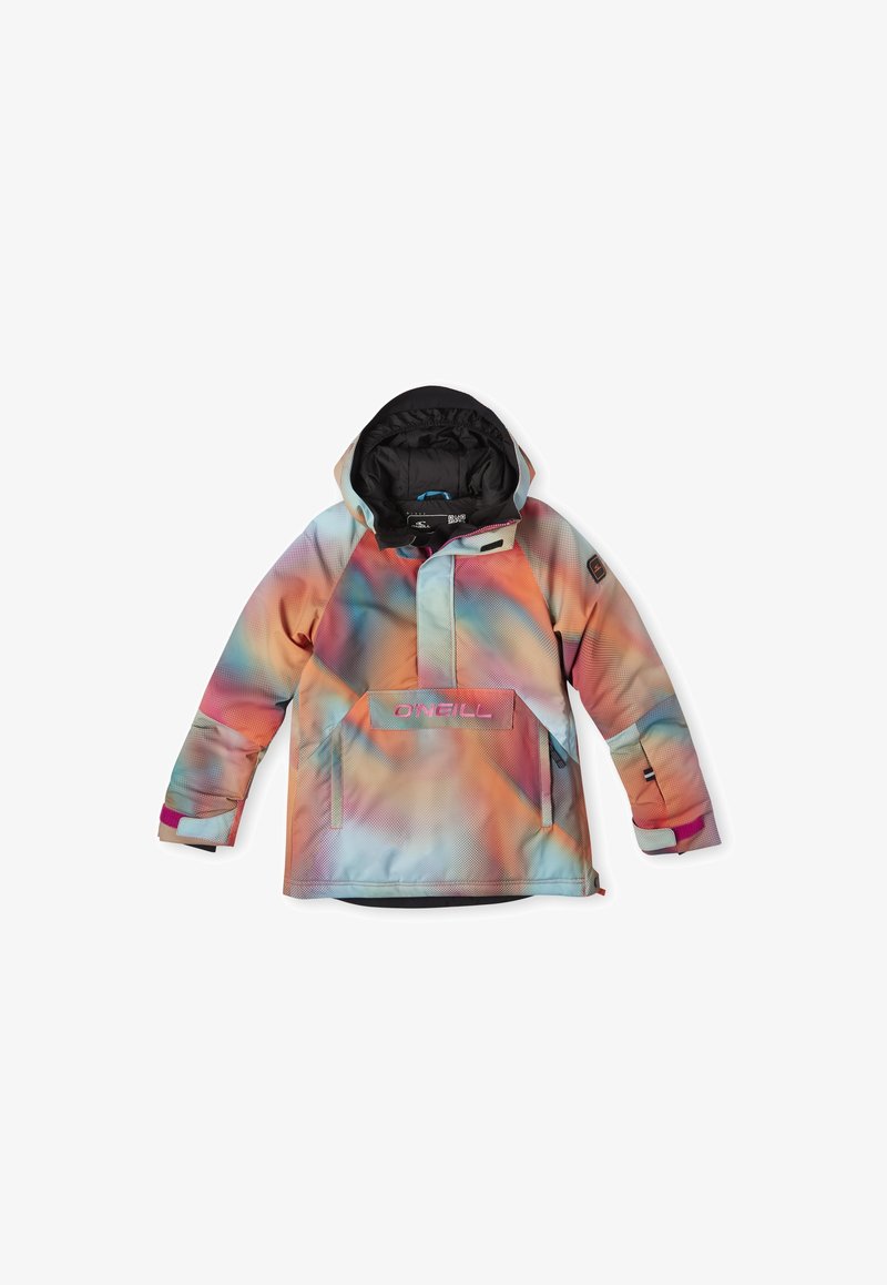 Kolorowa kurtka typu pulower z gradientowym wzorem w pastelowych odcieniach, dwoma przednimi kieszeniami, ściśniętym kapturem i naszywką z logo na klatce piersiowej.