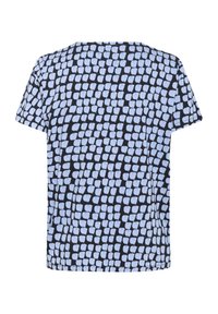 Korte mouwen top in navy met een lichtblauw abstract patroon. Beschikt over een relaxte pasvorm en een klassieke ronde hals.